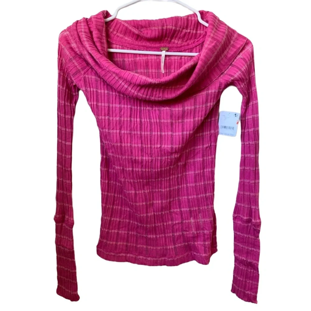 FREE PEOPLE Women’s Bright Pink White Gold Stripe Ribbed Long Sleeve Cowl Neck